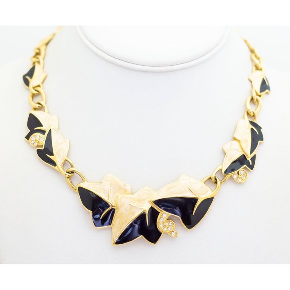 Vintage Gold and Black Bold Leaf Link Necklace 18 Inch by Trifari - AB1 - Picture 2 of 5